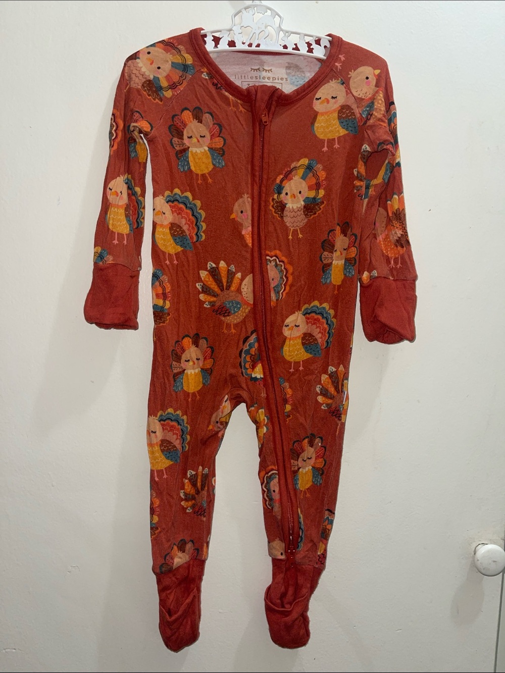 Little Sleepies Rust Orange Thanksgiving Turkey Print Footed One-Piece